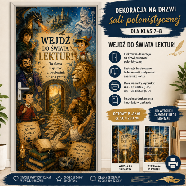 Pracownia polonistyczna - dekoracja na drzwi, instrukcja
