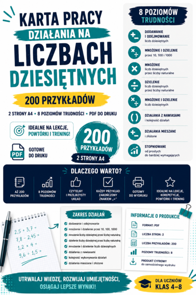 Karta pracy – działania na liczbach dziesiętnych | 200 przykładów | PDF do druku