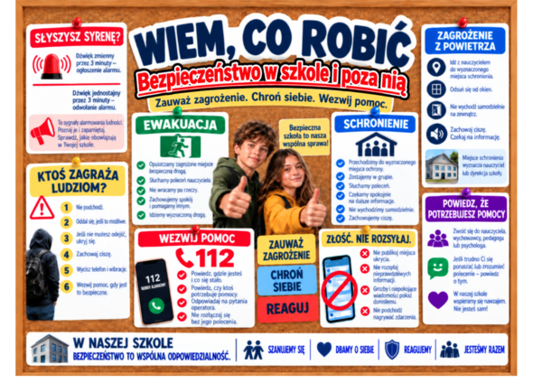 WIEM, CO ROBIĆ! – Bezpieczeństwo w szkole i poza nią | Gazetka XXL + scenariusz godziny wychowawczej | 40 stron
