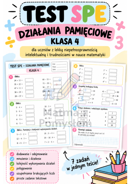 TEST SPE – Działania pamięciowe – matematyka klasa 4