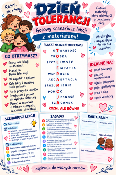 Dzień tolerancji-scenariusz lekcji, karty pracy, krzyżówkowa XXL