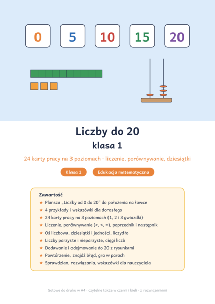 Liczby do 20 klasa 1: 24 karty pracy na 3 poziomach