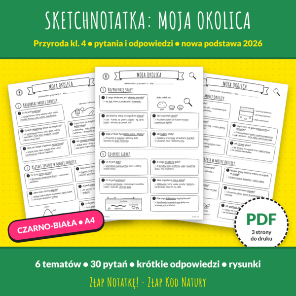 Sketchnotatka „Moja okolica” – przyroda kl. 4 | pytania i odpowiedzi | nowa podstawa 2026 | PDF do druku
