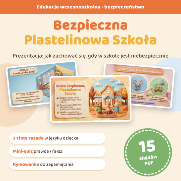 Bezpieczna Plastelinowa Szkoła – prezentacja o zachowaniu w sytuacji zagrożenia w szkole dla przedszkola i klas 1–3 (PDF i PPTX)