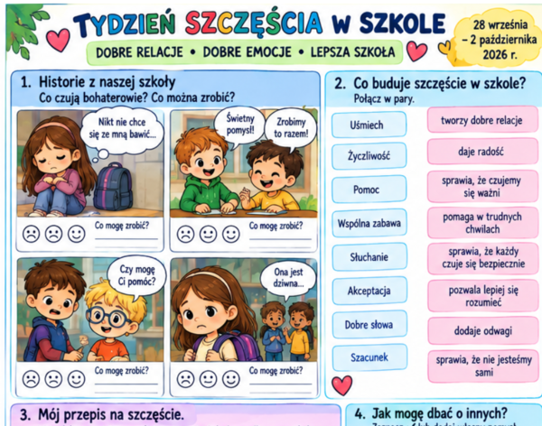 Kolorowe, komiksowe karty - Tydzień Szczęścia w Szkole.