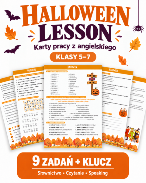 Halloween Lesson - lekcja z języka angielskiego | Klasy 5–7 | 9 zadań (vocab, reading, speaking) + klucz odpowiedzi | A2 - A2+