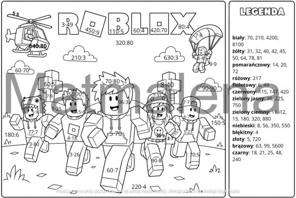 Kolorowanka mnożenie i dzielenie GWO Matematyka Klasa 4-8 Roblox