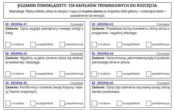 E8 WRITING BOOSTER: 150 Kafelków Treningowych do Wycięcia - pisanie egzamin ósmoklasisty angielski