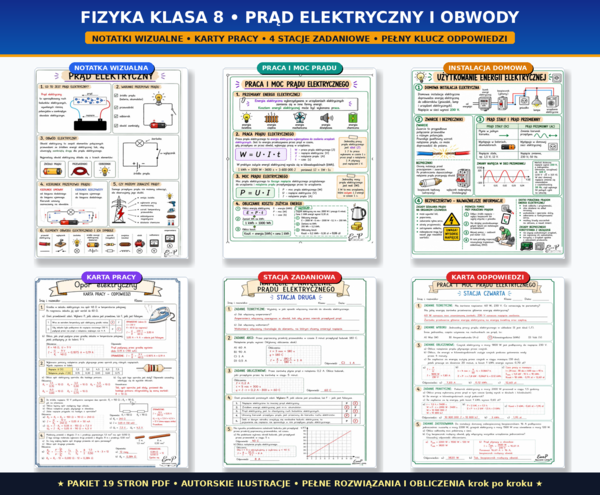 Elektryczność (Prąd elektryczny) – Notatki wizualne, Karty pracy, Stacje zadaniowe + Klucz (Klasa 8)