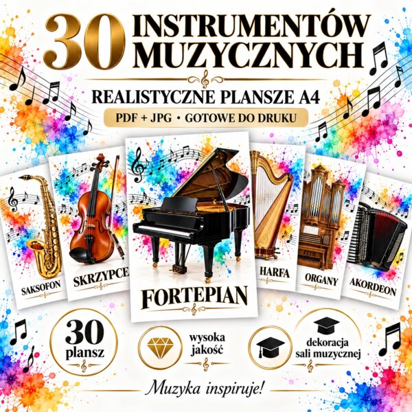 Instrumenty muzyczne – 30 realistycznych plansz A4 do druku