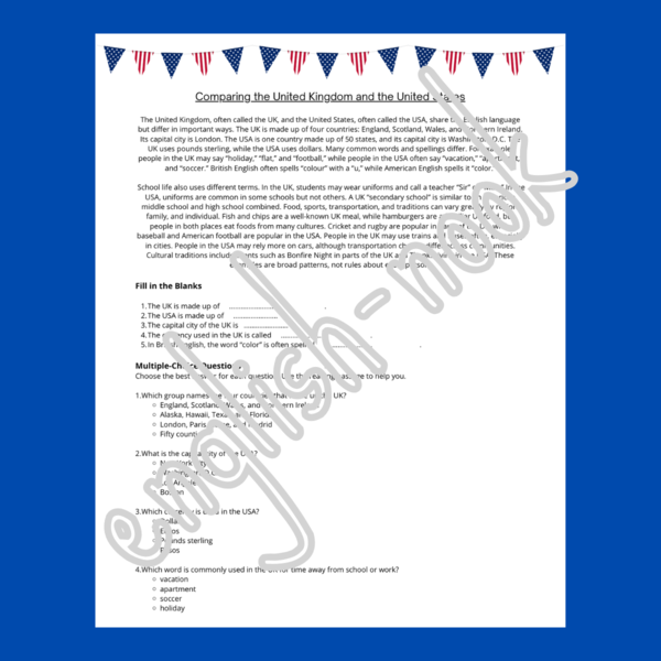 Reading comprehension - Comparing and contrasting the UK and the USA
