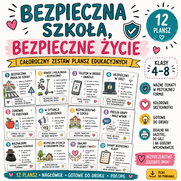 Bezpieczna szkoła, bezpieczne życie – 12 plansz o bezpieczeństwie | klasy 4–8