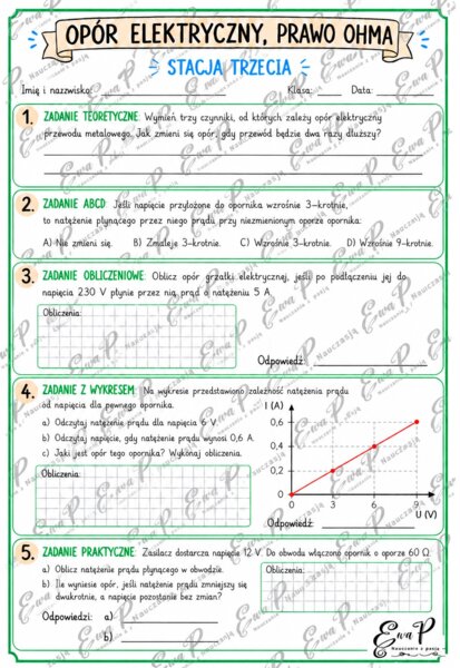Elektryczność (Prąd elektryczny) – Notatki wizualne, Karty pracy, Stacje zadaniowe + Klucz (Klasa 8)