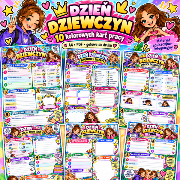 DZIEŃ DZIEWCZYN – 10 kolorowych kart pracy | Integracja, supermoce, talenty, życzliwość i kreatywność | PDF A4