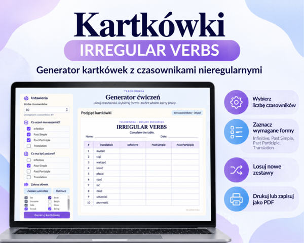 Irregular Verbs - Czasowniki nieregularne - Kartkówki - Generator - poziom do E8