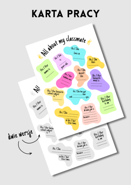 All about my classmate - kreatywna karta pracy - chmurki - wklejka - ice-breaker - pomysł na rozpoczęcie roku - lekcja po wakacjach - angielski -  2 wersje - .pdf