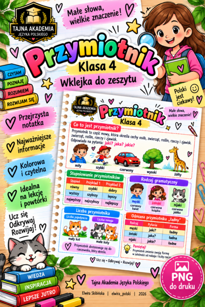Przymiotnik – wklejka do zeszytu | Klasa 4 | Tajna Akademia Języka Polskiego | PNG