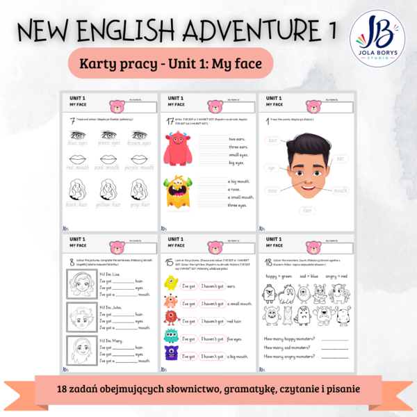 New English Adventure 1 – Unit 1: My Face – karty pracy