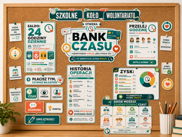 BANK CZASU – Szkolne Koło Wolontariatu | nowoczesna gazetka szkolna + dekoracje do wycinania | 23 strony PDF