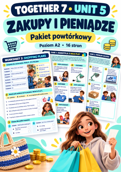 Together 7 Unit 5 – Zakupy i pieniądze | Powtórka A2 | 16 stron, karty pracy i 2 gry