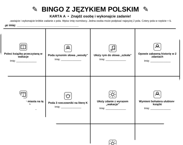 Językowo-literackie bingo dla klasy 5 lub 6