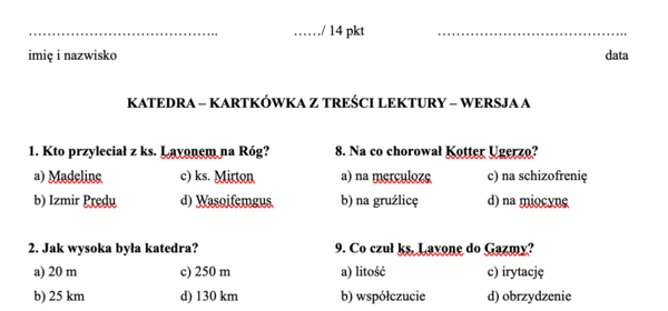 Kartkówka z treści  lektury „Katedra” Jacka Dukaja – Wersje A i B z kluczem odpowiedzi