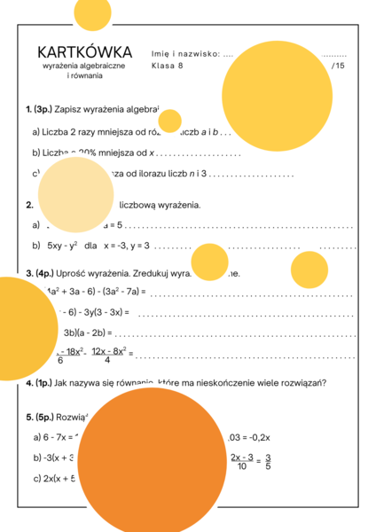 Kartkówka. Wyrażenia algebraiczne i równania. Klasa 8. Klasa 7.
