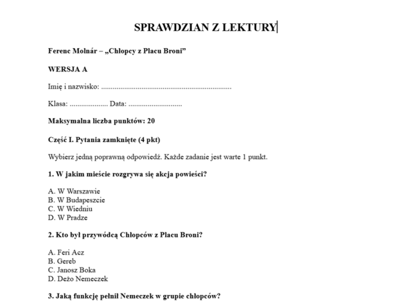 Sprawdzian- Chłopcy z Placu Broni