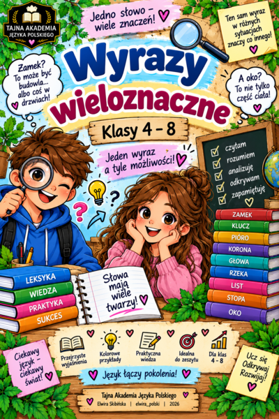 Wyrazy wieloznaczne – wklejka do zeszytu | Klasy 4–8 | Tajna Akademia Języka Polskiego | PNG