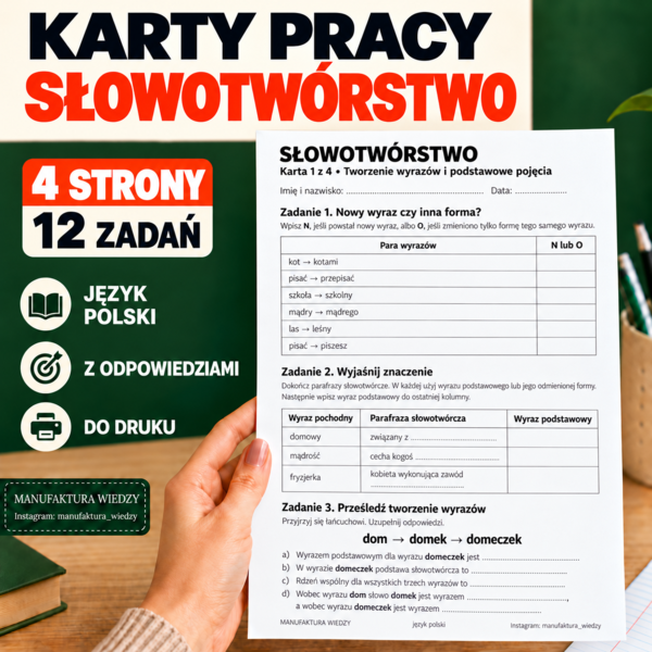 Słowotwórstwo – karty pracy z odpowiedziami | Klasa 7–8 | Egzamin ósmoklasisty | Nauczyciel