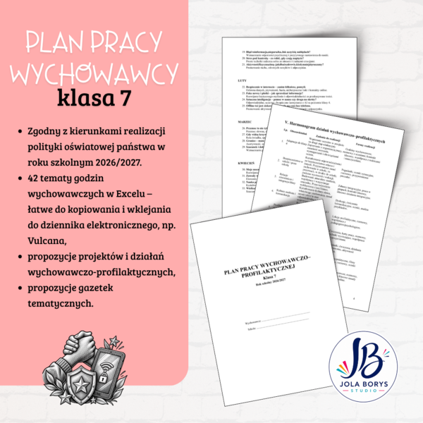 Plan pracy wychowawczo-profilaktycznej – klasa 7 | 2026/2027 + 42 tematy godzin wychowawczych + działania dodatkowe