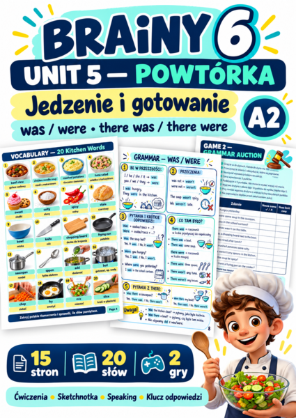 Brainy 6 Unit 5 — powtórka: jedzenie, gotowanie, was/were + 2 gry