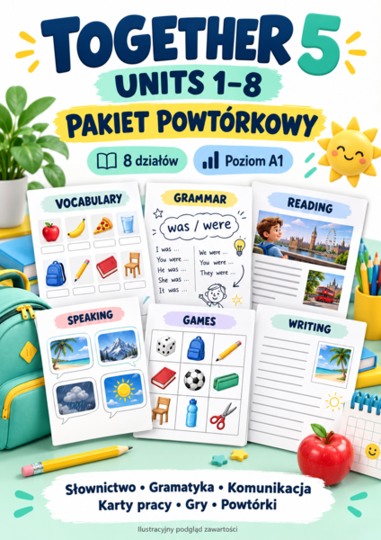 Together 5 Units 1–8 – pakiet powtórkowy A1 | Karty pracy, sketchnoty i gry