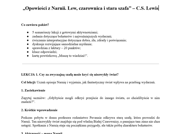 Opowieści z Narnii. Lew, czarownica i stara szafa- pakiet do pracy z lekturą