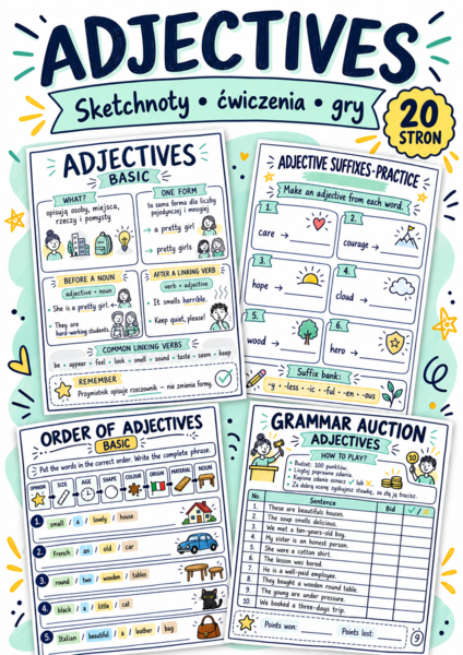 Przymiotniki angielskie – sketchnoty, ćwiczenia i gry | Basic & Extended