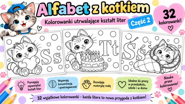 Alfabet z kotkiem – kolorowanki utrwalające kształt liter | część 2