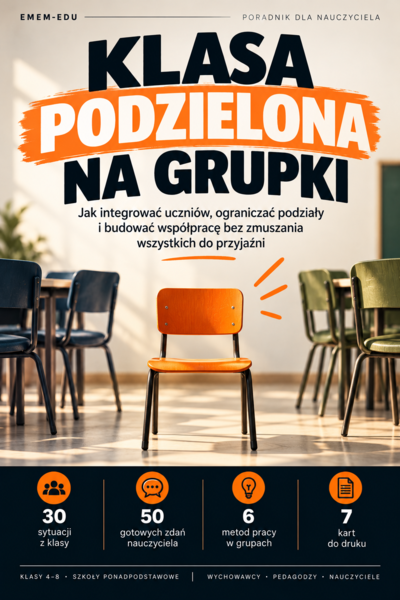 Klasa podzielona na grupki – poradnik dla nauczyciela | 30 sytuacji, 50 gotowych zdań i 7 kart do druku