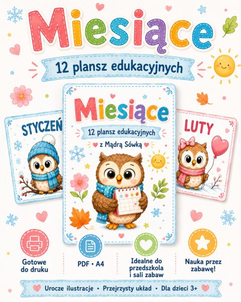 Kolorowy zestaw 12 plansz edukacyjnych przedstawiających wszystkie miesiące roku