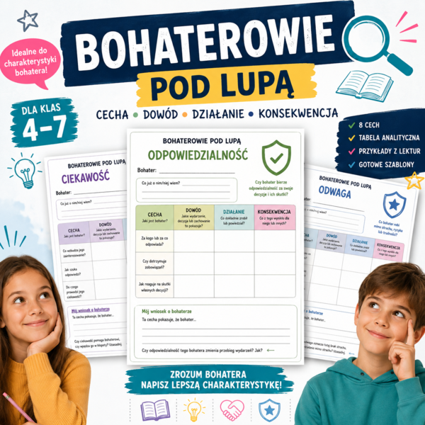 Bohaterowie pod lupą — cecha, dowód, działanie, konsekwencja