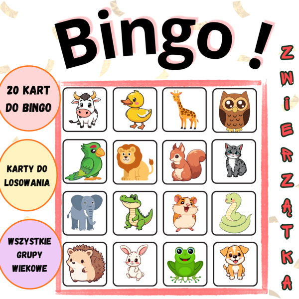Bingo ze zwierzątkami | zabawna gra dla dzieci | 20 kart do bingo