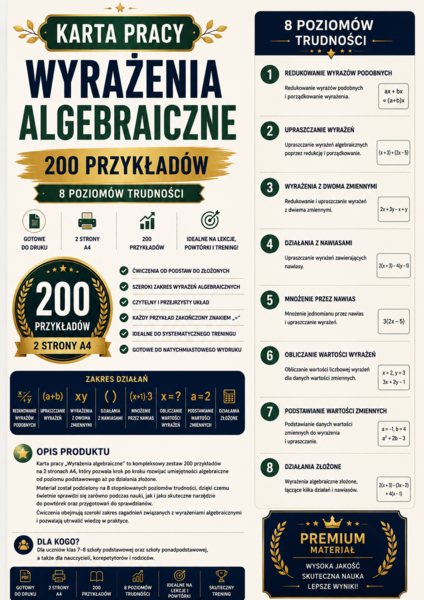 Karta pracy – wyrażenia algebraiczne | 200 przykładów | 8 poziomów trudności | PDF do druku