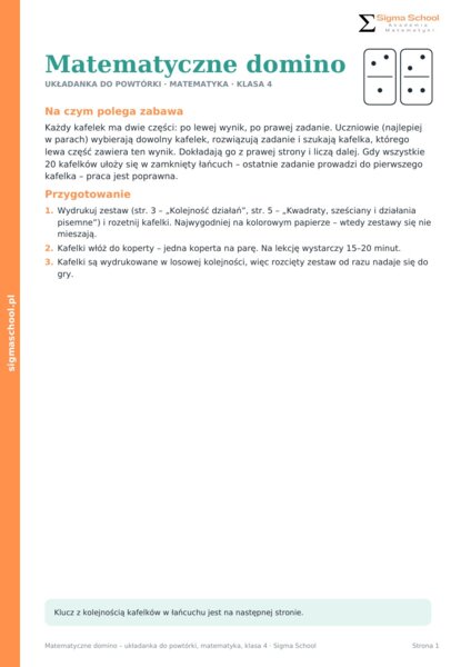 Domino — matematyka, klasa 4 | 2 gry do powtórki, 40 kafelków