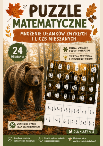 Puzzle matematyczne – mnożenie ułamków zwykłych i liczb mieszanych | klasy 4–8