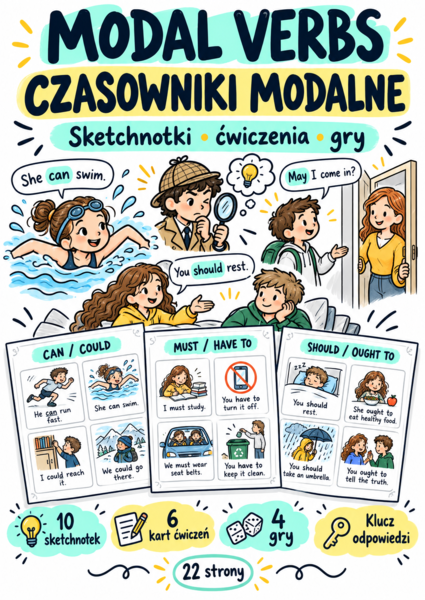 Modal Verbs – czasowniki modalne | 10 sketchnotek, ćwiczenia, 4 gry i klucz odpowiedzi