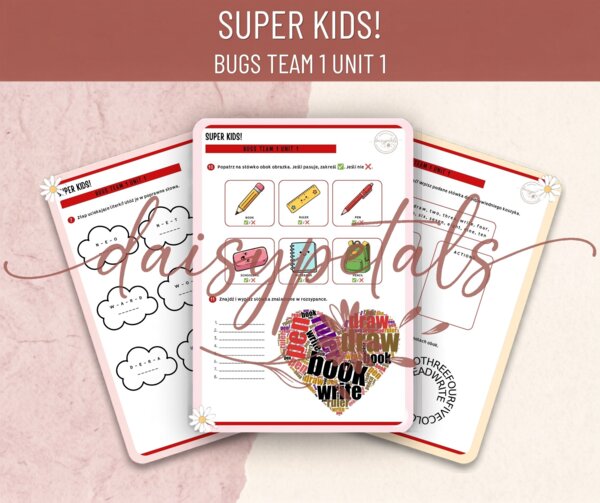 Mega Zestaw Kart Pracy + Klucz: Bugs Team 1 Unit 1 (Numbers, Colours, School) – Super Kids!