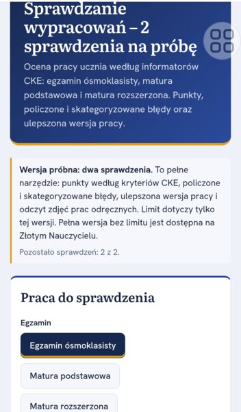 Narzędzie do sprawdzania wypracowań - E8 (:rozprawki, opowiadania, przemówienia, matury: podstawowa i rozszerzona)  Wersja próbna - Sprawdzanie wypracowań – 2 sprawdzenia na próbę