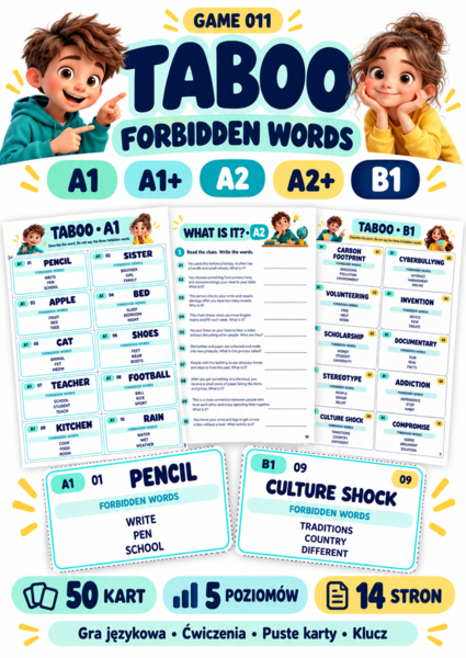GRA Taboo – Forbidden Words | Gra językowa A1–B1 | 50 kart + ćwiczenia | 14 stron