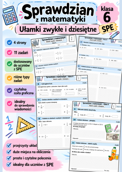 Sprawdzian matematyka klasa 6 SPE  proste zadania– ułamki zwykłe i dziesiętne, zaokrąglanie, działania pisemne | PDF