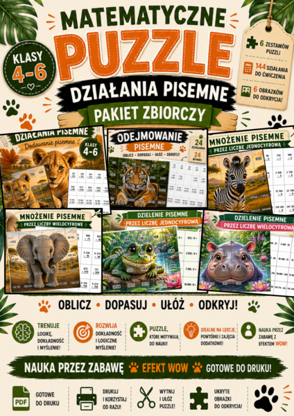 Matematyczne Puzzle – 6 Zestawów, 144 Działania Pisemne | Dodawanie, Odejmowanie, Mnożenie i Dzielenie | Klasy 4–6