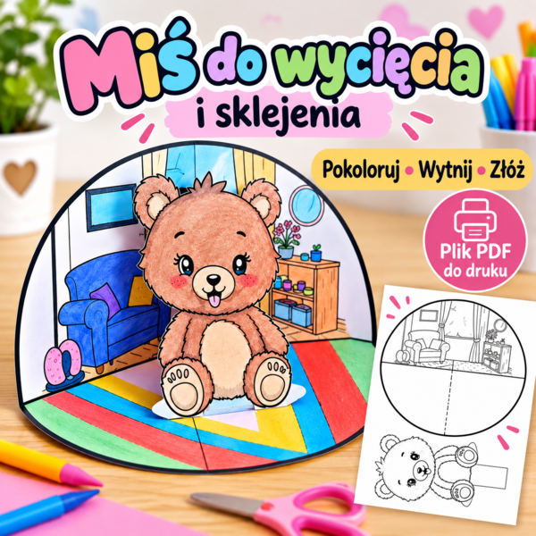 Miś 3D do wycięcia i sklejenia – kreatywna wycinanka PDF dla dzieci Dzień Misia